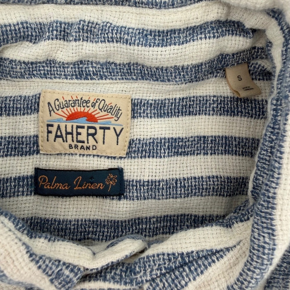 Faherty Palma Linen Shirt Women S Blue White Striped Short Sleeve Button Down - Picture 7 of 7